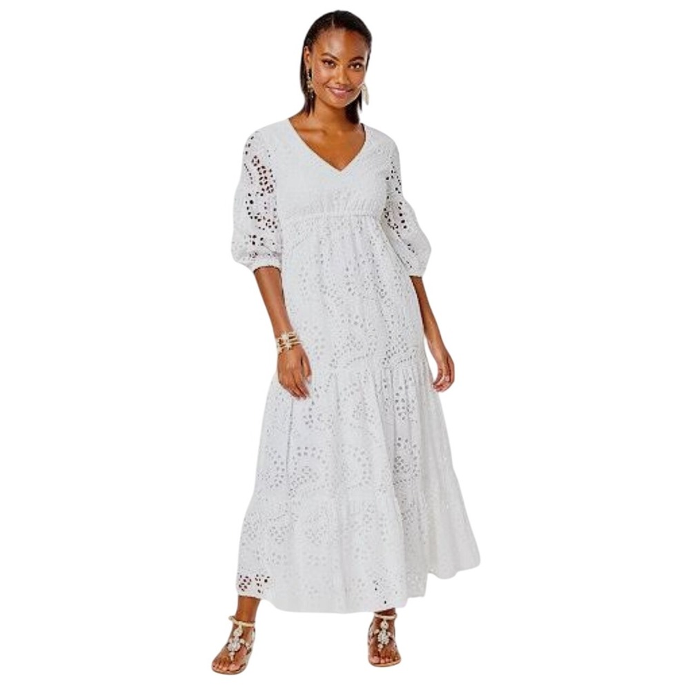 Lilly Pulitzer White Eyelet Maxi Dress V-Neck Tiered Puff Sleeve size 0